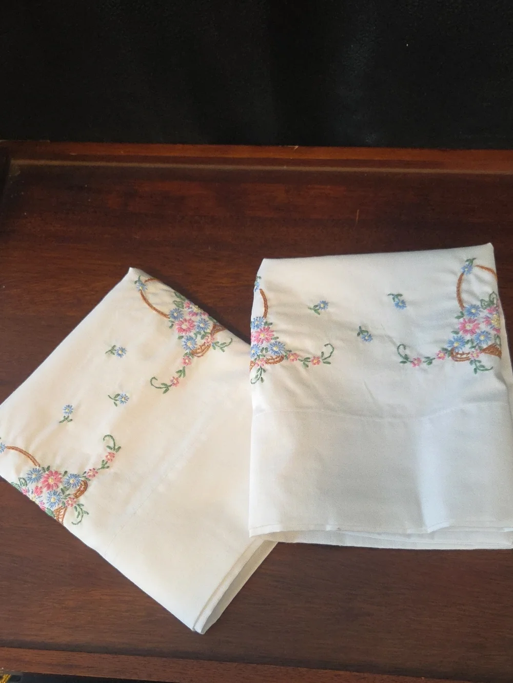 Handmade, Hand Embroidered Floral Basket Standard Size Pillow Cases (Set/2)